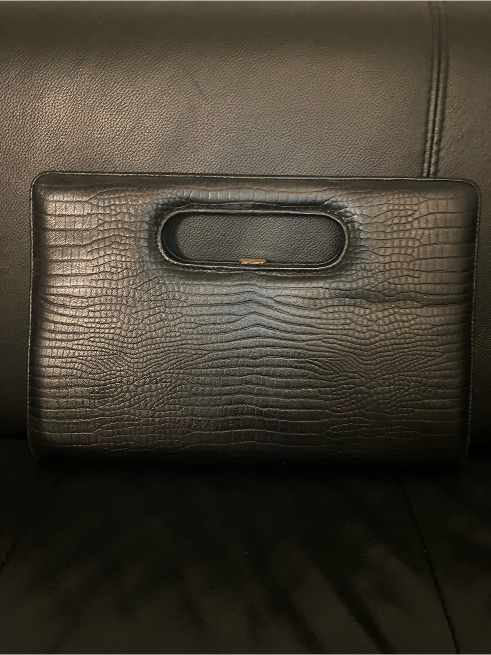 Black Croc-Embossed Clutch Purse with Cutout Handle